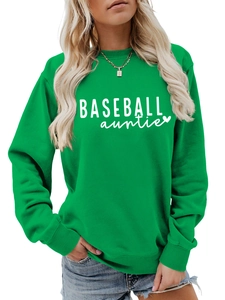 Detail of green crewneck sweatshirt with white Baseball Auntie print and ribbed cuffs