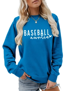 Detail of blue long-sleeve sweatshirt with white Baseball Auntie print and ribbed cuffs