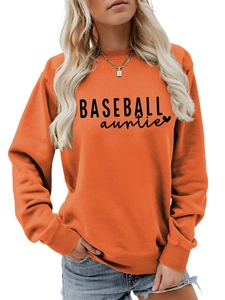 Detail of orange sweatshirt with baseball auntie print and ribbed crewneck finish