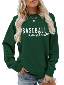 Detail of the white BASEBALL auntie print on a dark green crewneck sweatshirt