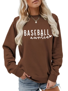 Detail of Baseball Auntie graphic printed on brown crewneck sweatshirt fabric