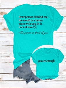 Detail of teal cotton T-shirt featuring 'you are enough' front print and back text