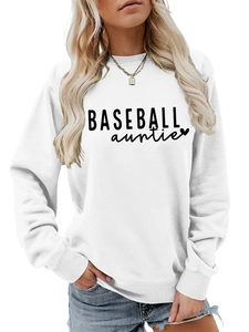 Detail of the white Baseball Auntie crewneck sweatshirt showing fabric and logo