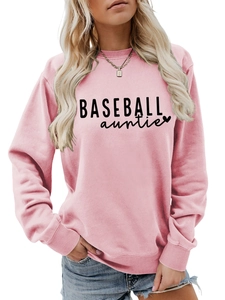 Detail view of pink crewneck sweatshirt with Baseball Auntie print and ribbed cuffs