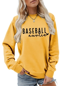 Close-up of yellow baseball auntie sweatshirt with ribbed collar and black lettering