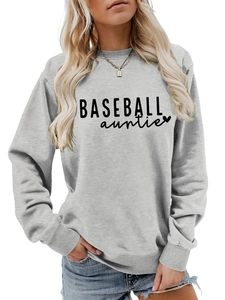 Close-up of baseball auntie text print and heart detail on light grey cotton sweatshirt