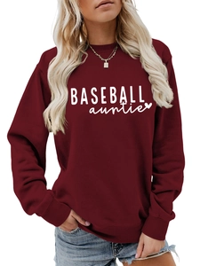 Detail of burgundy baseball auntie crewneck sweatshirt with heart and soft cotton texture