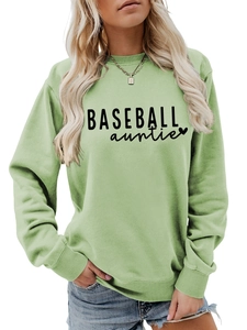 Close-up of high-quality light green sweatshirt fabric with black Baseball Auntie print