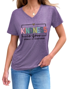 Detail of Kindness is Free leopard heart print on purple V-neck short sleeve T-shirt