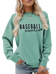 Detail of mint green baseball auntie sweatshirt featuring ribbed cuffs and hem