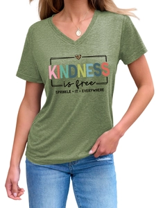 Detail of V-neck heather green T-shirt with leopard heart and Kindness Is Free print