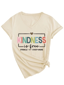 Detail of Kindness Is Free slogan print with leopard heart and knotted hem on V-neck tee