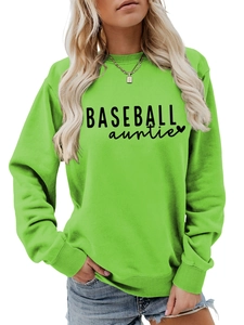 Detail of neon green crewneck sweatshirt with black Baseball Auntie text and heart