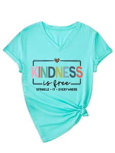 Detail of mint green V-neck T-shirt with kindness is free leopard heart and side knot