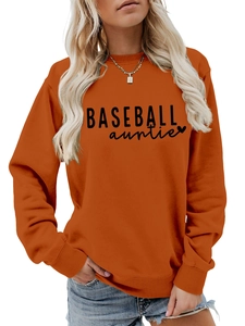 Detail of burnt orange Baseball Auntie crewneck sweatshirt with ribbed cuffs and print