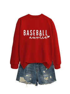 Flat lay of red sweatshirt with Baseball Auntie print and distressed denim shorts