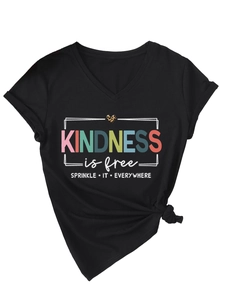 Detail of Kindness is Free printed V-neck t-shirt with leopard heart and knotted hem