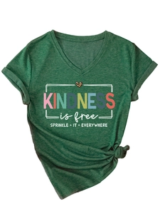 Detail of V-neck t-shirt in dark green with leopard heart and Kindness is free slogan