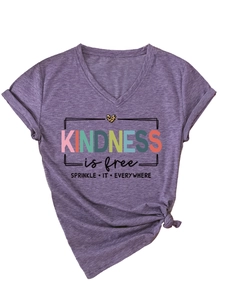 Detail of purple marl V-neck tee with Kindness is free leopard print and rolled cuffs