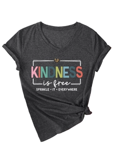 Detail of V-neck grey t-shirt featuring leopard heart print and side knot design