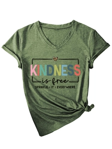 Detail of Kindness is free slogan and leopard heart print on olive V-neck tee