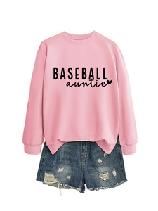 Pink baseball auntie sweatshirt paired with distressed blue denim shorts set