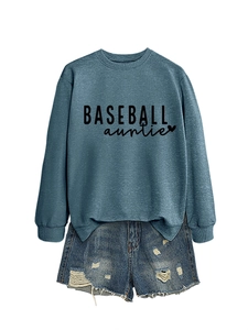 Detail of Baseball Auntie crewneck sweatshirt with distressed denim shorts set
