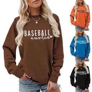 Women Casual Baseball Auntie Letter Print Sweatshirt Cotton Blend Crewneck Long Sleeve Pullover Loose Sporty Top For Autumn Winter