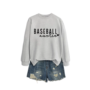 Women's Baseball Auntie grey sweatshirt and distressed denim shorts outfit set