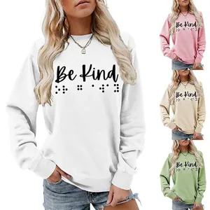 Be Kind Graphic Sweatshirt Women Crewneck Long Sleeve Cotton Blend Braille Dot Print Casual Loose Pullover Top