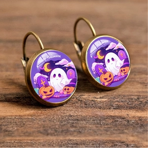 Halloween drop earrings with cartoon ghost and pumpkin on rustic wooden base