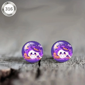 Detail of 316 stainless steel Halloween earrings featuring ghost and witch hat designs