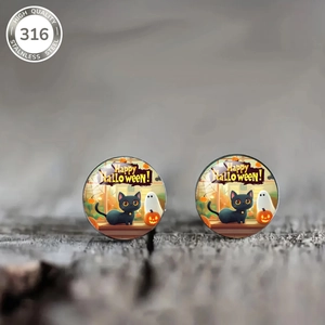 316 stainless steel Halloween earrings featuring ghost, black cat, and pumpkin motifs
