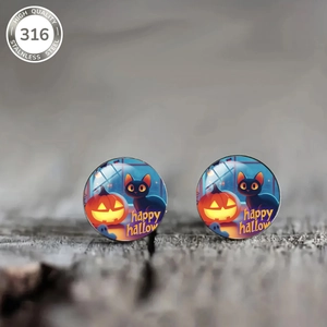 Halloween 316L stainless steel earrings featuring black cat and pumpkin lantern motifs