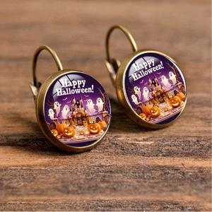 Vintage bronze Halloween leverback earrings with pumpkin ghost and castle motifs
