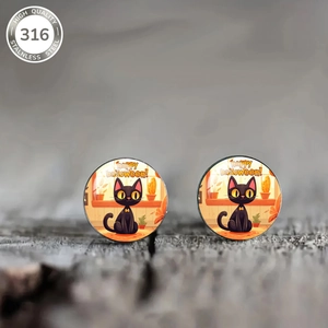 316 stainless steel Halloween stud earrings with black cat and pumpkin glass cabochons