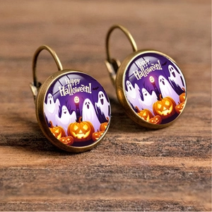 Vintage bronze Halloween earrings with ghost and pumpkin glass cabochon pendant