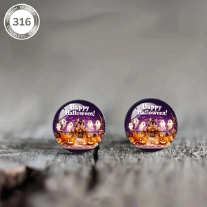 Macro shot of 316 stainless steel earrings with Happy Halloween pumpkin and ghost prints