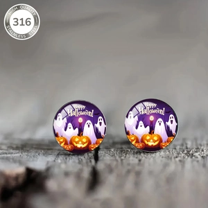 Detail of 316 stainless steel Halloween stud earrings with ghost and pumpkin patterns