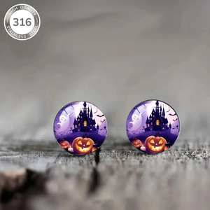 Detail of 316 stainless steel Halloween earrings featuring pumpkin and ghost illustrations