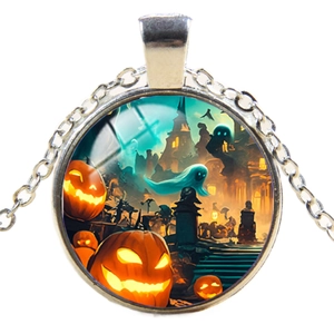 Halloween pumpkin lantern and ghost round pendant necklace with glass dome and alloy chain