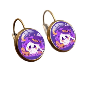 Halloween drop earrings featuring a cute ghost and pumpkin in a bronze lever-back setting