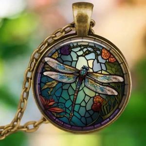 Vintage bronze dragonfly pendant necklace with colorful floral glass art and long chain