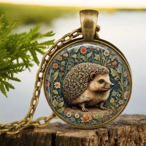 Vintage Round Pendant Necklace Alloy Glass Time Gem Animal Dragonfly Hummingbird Hedgehog Fox Forest Style Jewelry
