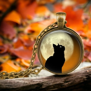 Detail of vintage bronze pendant showing black cat silhouette against full moon background