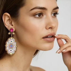 Vintage medieval mandala floral dangle earrings with teardrop gems and gold finish