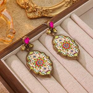 Bohemian Mandala Flower Dangle Earrings Enamel Alloy Rhinestone With Stainless Steel Earring Post Vintage Ethnic Women