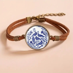 Vintage blue bird and floral glass gemstone bracelet with brown suede velvet cords