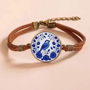 Retro Braided Bracelet Alloy Glass Blue Bird Floral Pattern Leather Rope Antique Bronze Adjustable Jewelry For Women Men