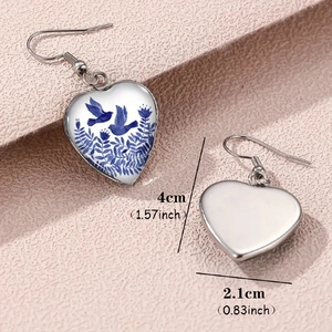 Blue bird and floral heart drop earrings in stainless steel with porcelain print